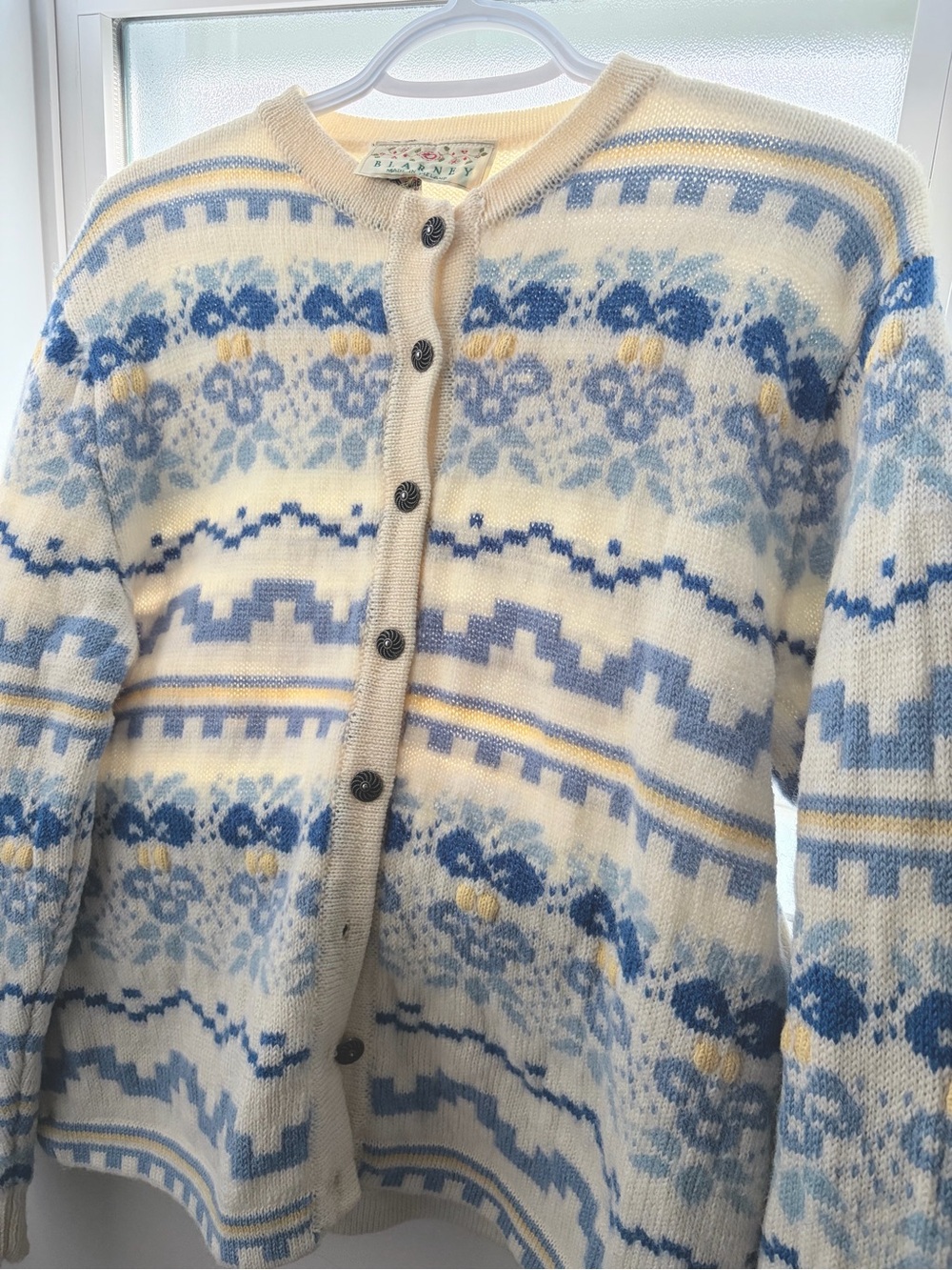 Vintage Blarney Made in Ireland Pure Wool Floral Fair Isle Cardigan